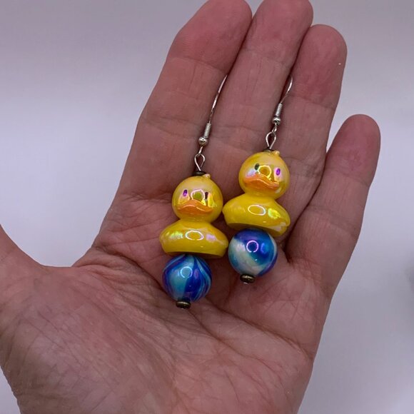 Rubber Duck On Beachball Cute Whimsical Handmade Pierced Earrings LR134 - Picture 5 of 5